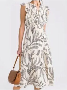 THML White Midi Dress with Gray Leaf Print